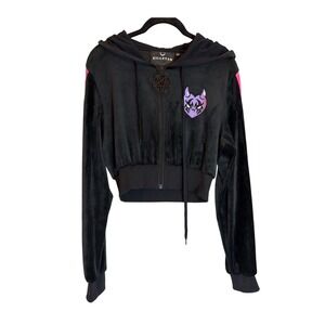 Killstar Velvet Cropped Hoodie Black Neon Rainbow Stripe Pentagram Zip XS Goth